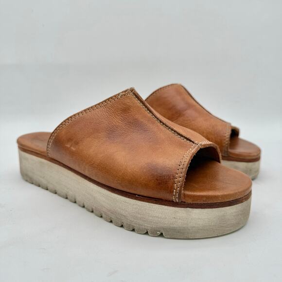 Bed:Stu Fairlee II Women's Leather Tan Beige Platform Slide Sandal Size 10 - Picture 3 of 8